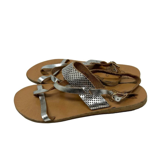 Ancient Greek Sandals Lasercut‎ Flat Leather Sandals Silver Size 38 US 8 - Picture 4 of 7